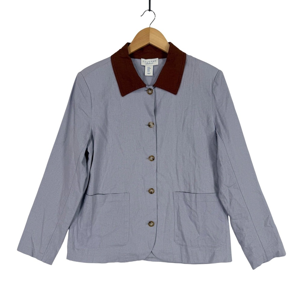 Calypso St Barth Jacket Womens Medium Blue Linen Blend Brown Collar Barn Coat